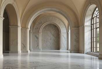 Fototapeta premium Elegant historic arched corridor with marble flooring and natural light interior design architecture space