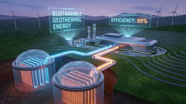 A futuristic heating system using geothermal background concept. Illustration of efficient geothermal energy technology.