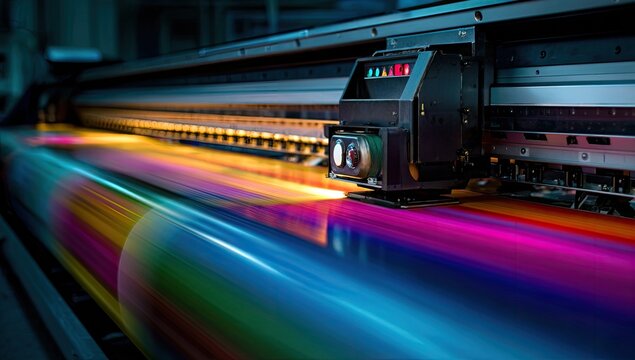 High-speed printer applying vibrant, blurred colors to a long roll of material