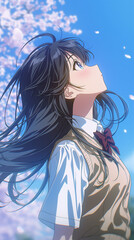 School Girl Looking Up at Cherry Blossoms Under Blue Sky &ndash; Spring Breeze Anime Illustration
、桜舞う青空を見上げる制服の少女 春の風と希望を感じる横顔イラスト
