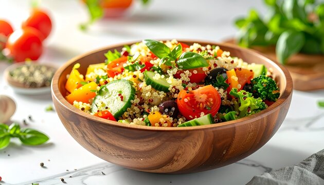 A vibrant, fresh bowl of quinoa salad with colorful vegetables and herbs on a white surface