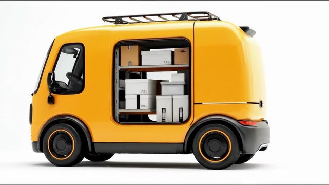 Yellow delivery van electric vehicle small truck cargo box courier service modern transport urban logistics compact car white background side view sleek yellow electric delivery van open side door
