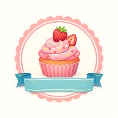 Strawberry Cupcake Cake Label Template with Decorative Ribbon Banner. 