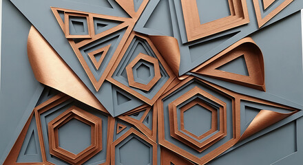 An abstract composition of copper geometric cutouts on a grey background with peeling edges