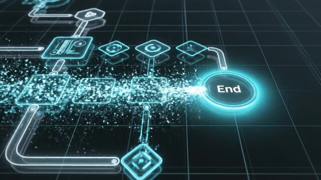 Futuristic workflow diagram data flow digital interface technology background cyber network glowing grid abstract automation blue light visualization hud software code system startup launch innovation