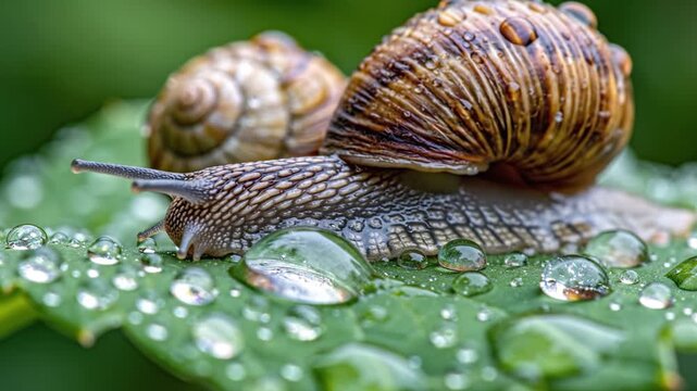 Close up snail raindrop green leaf macro nature water droplet wet shell garden wildlife natural texture shallow focus summer rain spring morning fresh dew