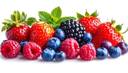 Obraz premium A vibrant assortment of fresh berries including strawberries, raspberries, blueberries, and blackberries