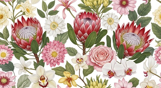 Beautiful floral pattern with proteas and roses in various shades of pink and red