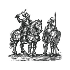Medieval Cavalry Knight on Horseback with a Standing Guard in Full Plate Armor