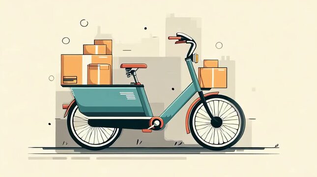 Flat vector animation of an electric cargo bike delivering packages. Ideal for green logistics, sustainable urban transport, and modern e-commerce delivery service marketing.