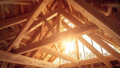 Low angle view of intricate wooden roof trusses and framing in a new house construction