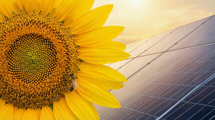 Sunflower with Bee, and Solar Panels.