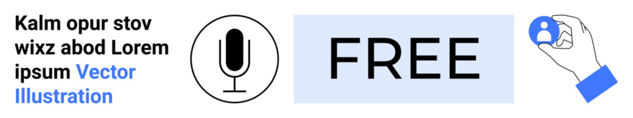 Obraz premium Audio recording, communication, online access, free resources, identity management, profile verification. A microphone, text saying FREE and a hand holding a profile icon. Communication and free