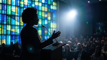 Silhouette of African American woman speaking at business dais concept. Speaker delivering an inspiring presentation in front of audience.