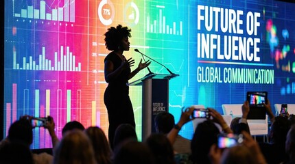 Silhouette of African American woman speaking at business dais concept. Speaker delivers insights on global communication trends.