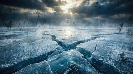 Ice winter background with cracks and grunge texture concept. Stunning cracked ice landscape reflecting dramatic clouds above.