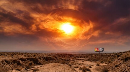 Sky with bright sun and extreme global climate concept. Stunning desert landscape under a dramatic sunset sky.