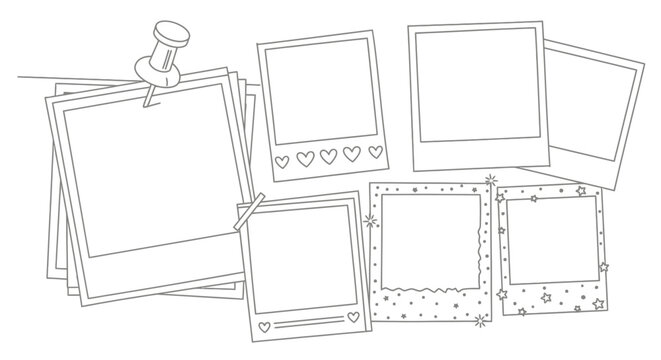 Line art illustration of various blank photo frames and polaroids pinned to a surface.