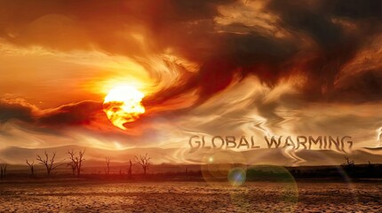 Sky with bright sun and extreme global climate concept. Stunning sunset reflecting climate change and global warming.