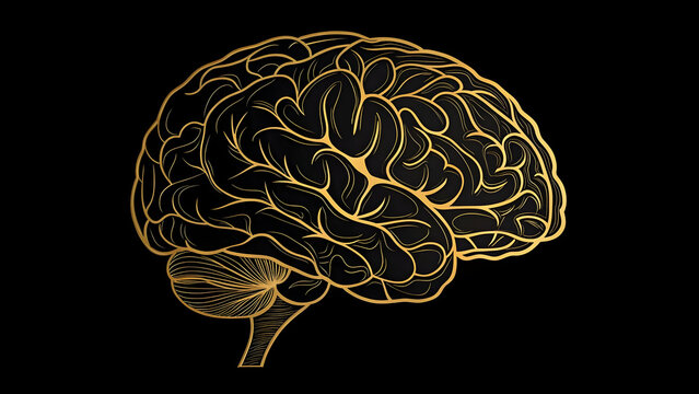 Golden brain illustration on black background for creative projects