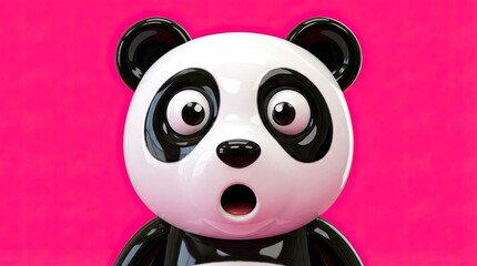 Shocked panda with big eyes on pink background concept. Surprised panda character on vibrant pink background.
