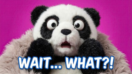 Shocked panda with big eyes on pink background concept. Surprised panda plush toy with a vibrant pink background.