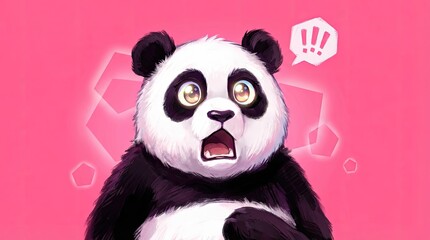 Shocked panda with big eyes on pink background concept. Surprised panda with wide eyes and playful expression.