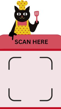 A cute cartoon animation of a chef cat, with a blank space for scanning a QR code with a smartphone or for adding text.
