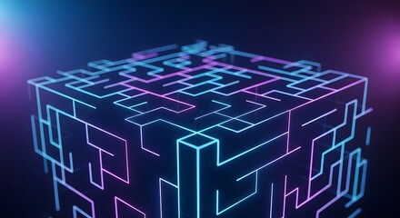 Abstract maze cube with glowing lines and neon light represents complex problem solving and technological challenges