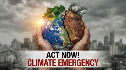 Urgent global message with fragile earth in hands concept. Urgent call to action for climate change awareness and responsibility.