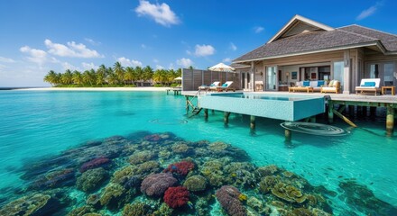 Obraz premium Picturesque overwater bungalow with coral reef and turquoise ocean