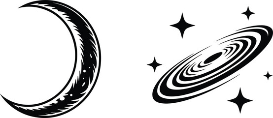 Crescent moon and spinning galaxy with stars icon, outer space universe exploration science vector illustration © Majnur