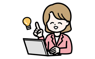 PC作業中に良いアイデアをひらめいた女性事務員。DXで業務課題を解決するポジティブなイラスト。
