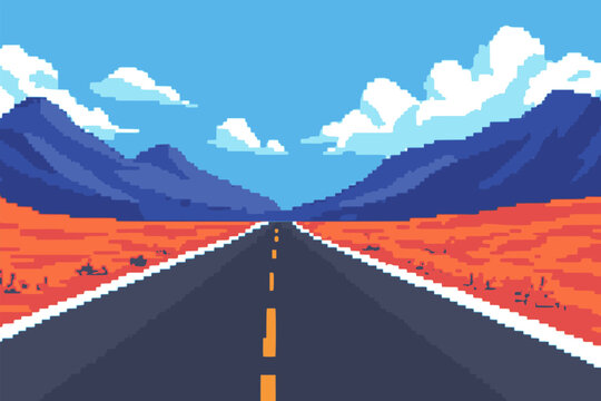 road with mountains landscape view nature pixel style retro vintage background flat color vector illustration template design