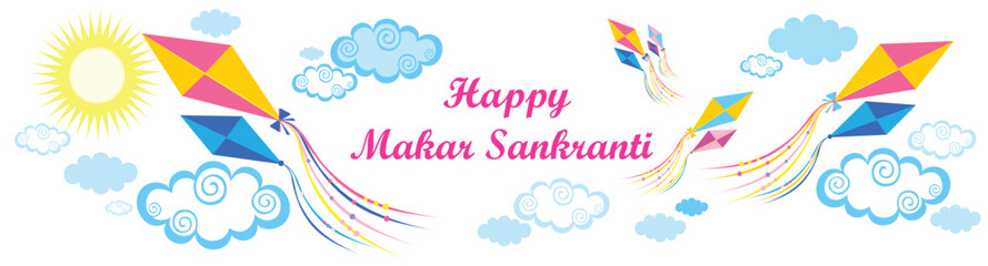 Happy Makar Sankranti greeting card with  lettering, colorful kites, sun,  sky, blue clouds and place for your text. Art design celebrate party invitation template. January 15. Vector Illustration © Semiletava Hanna