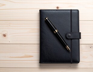 Premium Black Fountain Pen on Closed Notebook Flat Lay