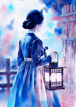 Korean woman in hanbok holding lantern at night dreamy scene