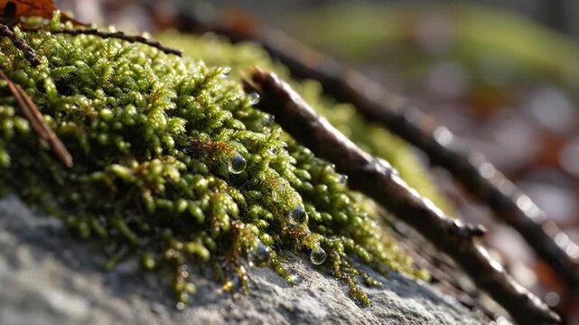 Macro moss water drop forest floor wet rock green texture nature detail close up fresh plant autumn light woodland twig morning moisture tranquil mood with morning dew lichen stone background