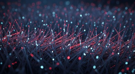 Fototapeta premium Abstract digital network background with glowing blue and red particles on dark wires, data flow, technology concept, 3D render