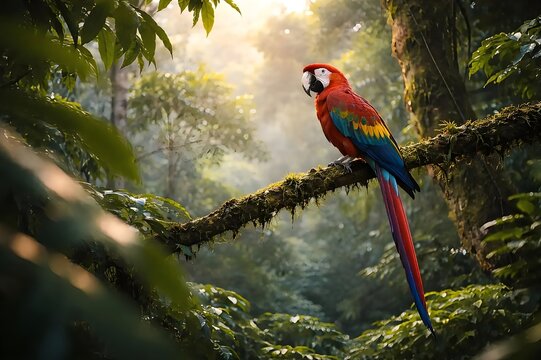 parrots are on tree branches in the shady forest