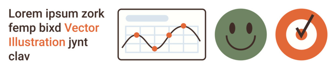 Fototapeta premium Business success, analytics, positive feedback, performance tracking, achievements, work satisfaction. Line graph, happy face orange checkmark icon. Business success and analytics