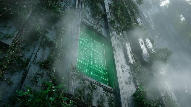 Futuristic green computing with holographic screens concept. Futuristic green glowing digital panel on overgrown abandoned wall with mist and greenery