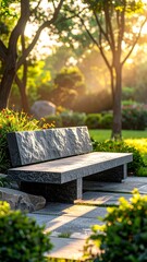 Naklejka premium A serene garden scene with a stone bench