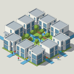 Fototapeta premium Modern Housing Complex with Courtyard and People.