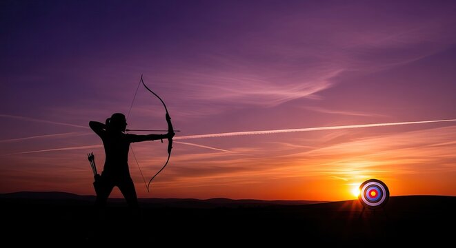 Silhouette of a woman aiming a bow and arrow at a target during sunset international women's day background download 2026 2027