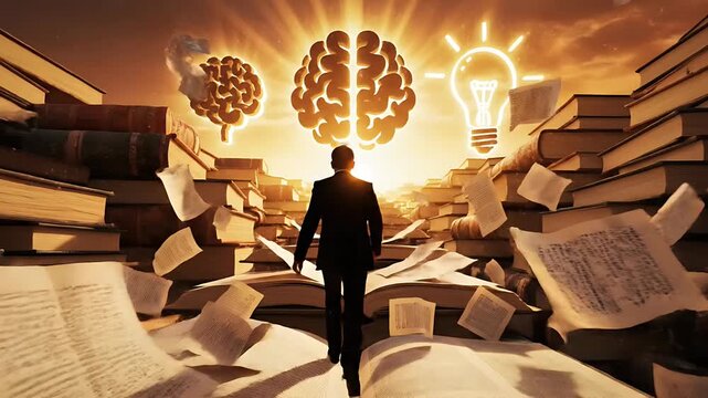 Man walks through exploding books towards glowing brain and lightbulb