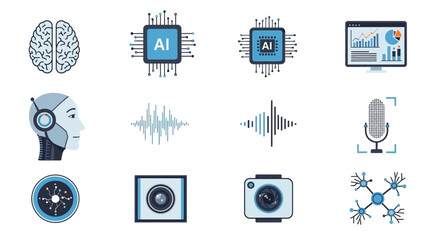 Flat lay of various technology and related icons on a clean white background with a futuristic and innovative mood.