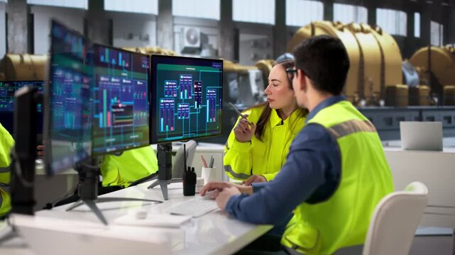 Engineers Operating Multiple Screens At Power Plant