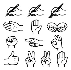 Fototapeta premium Hand drawn line art hands set featuring various gestures, tools, and poses for communication