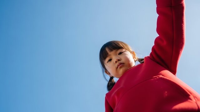 Low angle portrait of a cute Japanese girl looking down at the camera against a clear blue sky